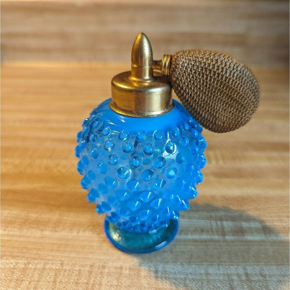 Vintage DeVilbiss Fenton Blue Hobnail Glass Perfume Atomizer Stamped‎ Signed